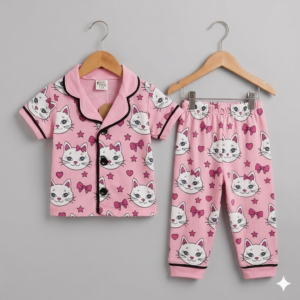 Pijama Takımı Kısa Kollu Kedi Desenli Pembe