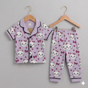 Pijama Takımı Kısa Kollu Mor Kedili