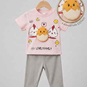 Kız Bebek Kabartmalı Günlük Takım Yumurta Pembe Gri