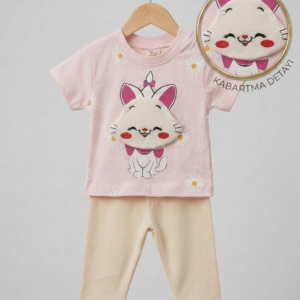 Kız Bebek Kabartmalı Günlük Takım Kedi Pembe
