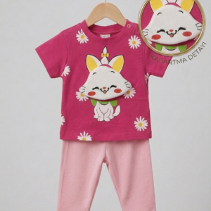 Kız Bebek Kabartmalı Günlük Takım Kedi Fuşya